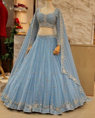 Powder Blue Faux Georgette Embroidery Work Lehenga Choli With Dupatta