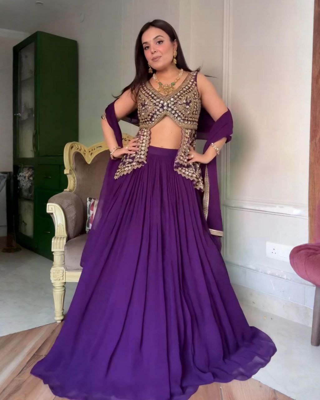 Purple Georgette Sequence Work Lehenga Choli With Dupatta