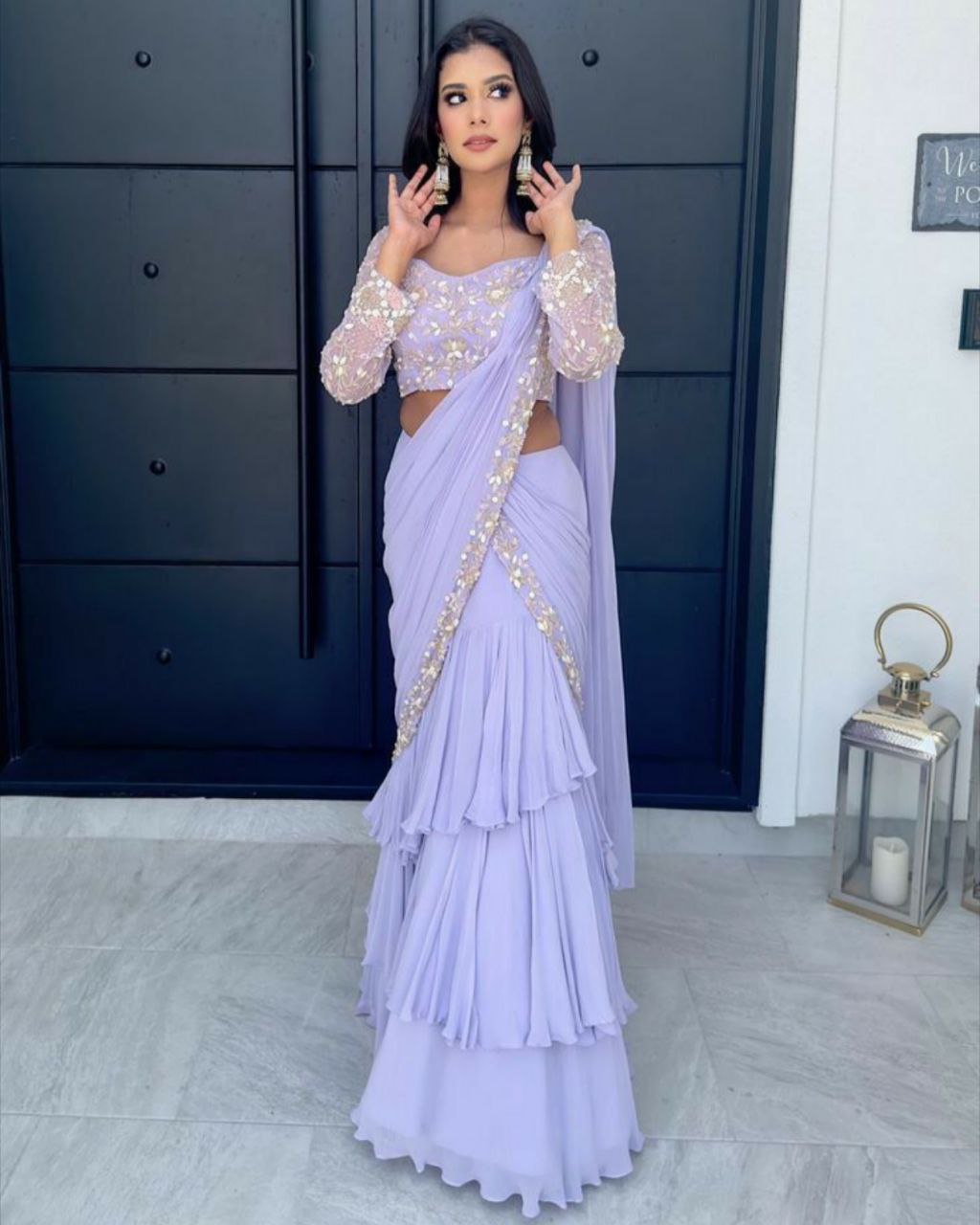 Purple Soft Georgette Embroidery Work Lehenga Saree With Blouse