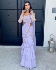 Purple Soft Georgette Embroidery Work Lehenga Saree With Blouse