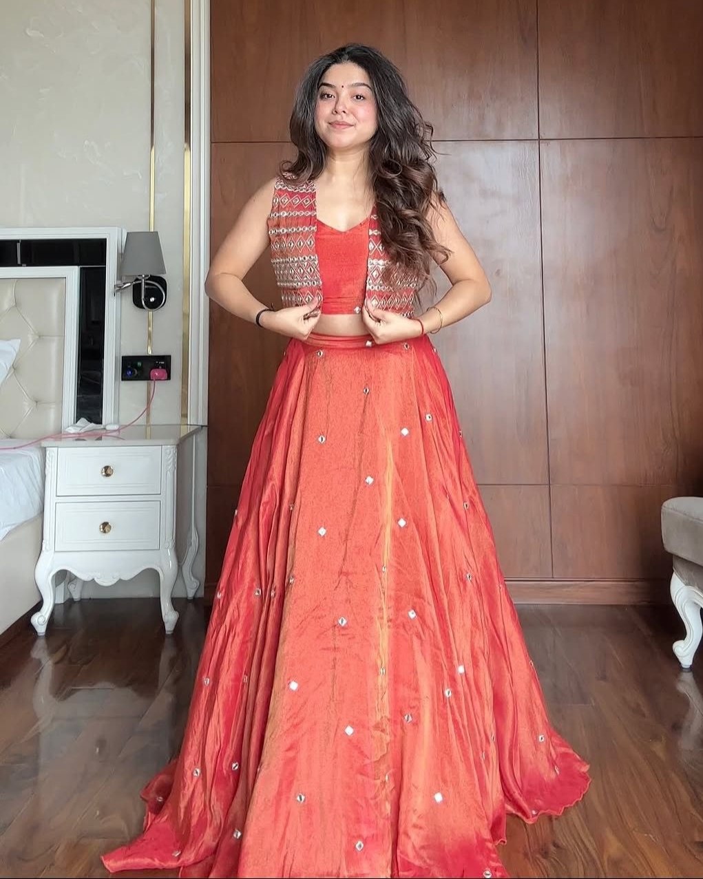 Exclusive Rust Orange Silk Sequence Work Lehenga Choli With Koti