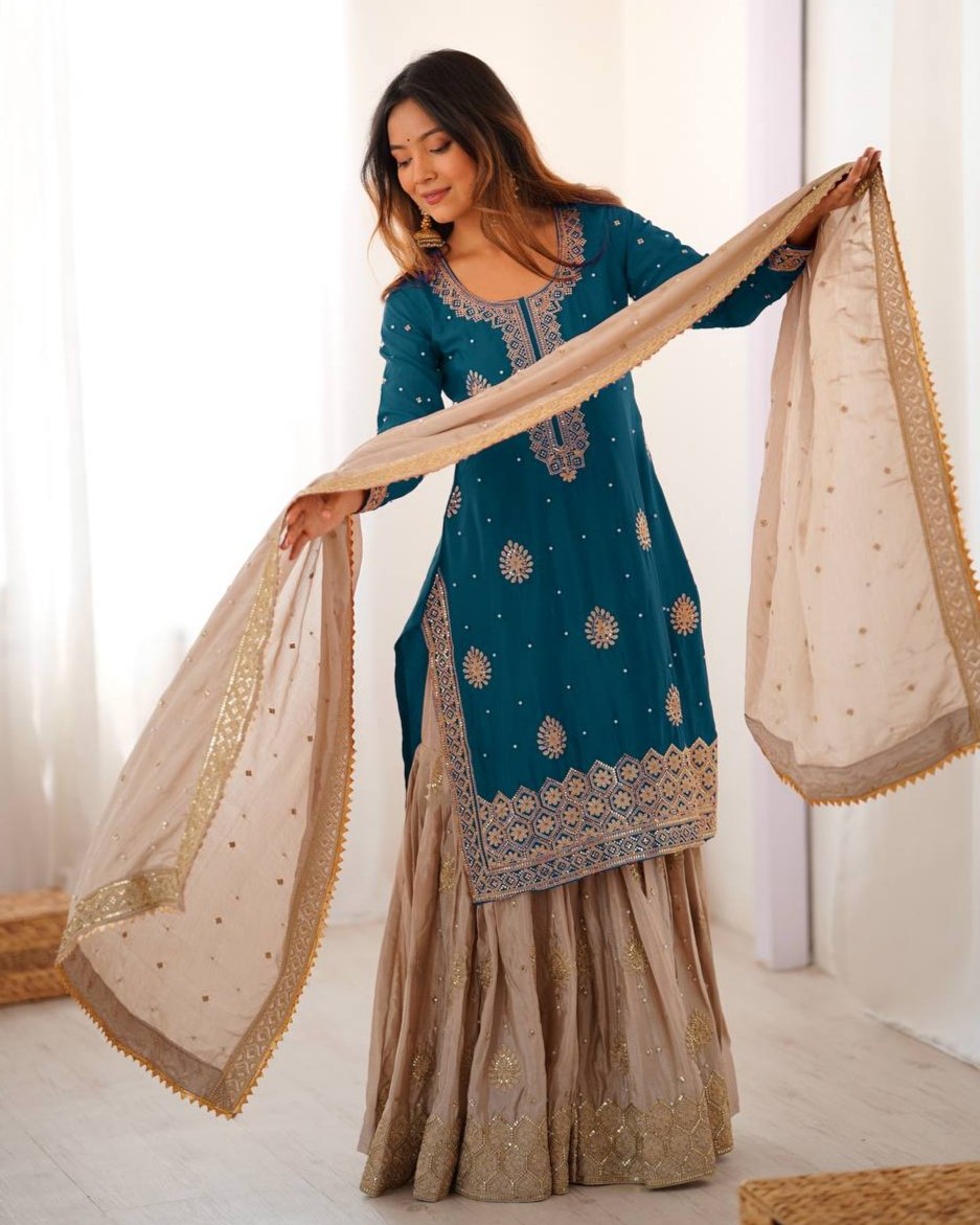 Premium Handcrafted Soft Chinon Silk Coding Embroidery Thread Sharara Suit With Dupatta