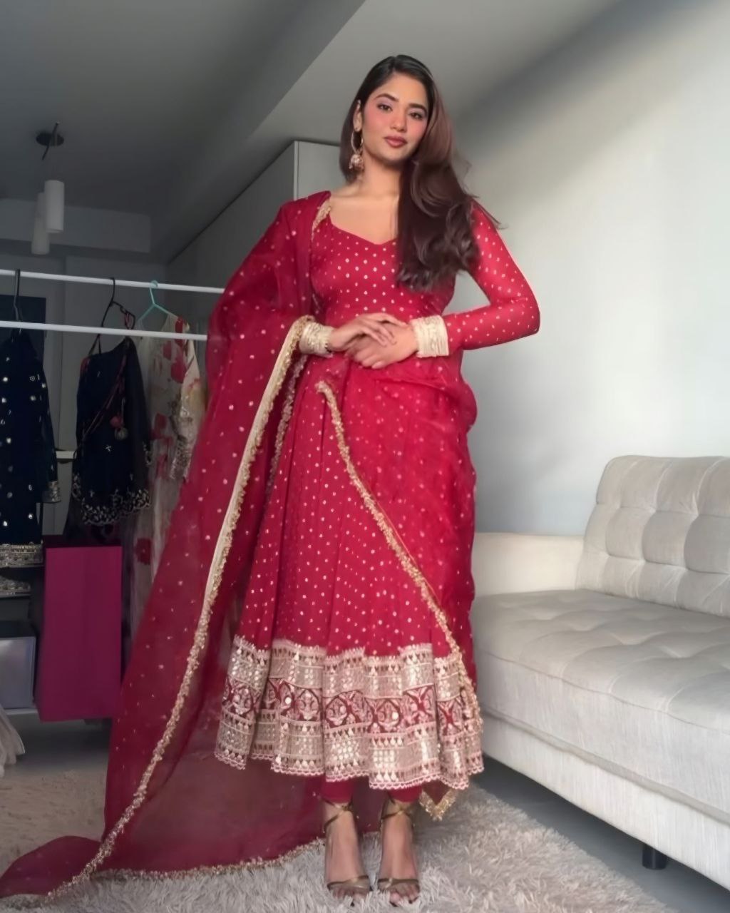 Red Georgette Embroidery Work Anarkali Suit With Dupatta