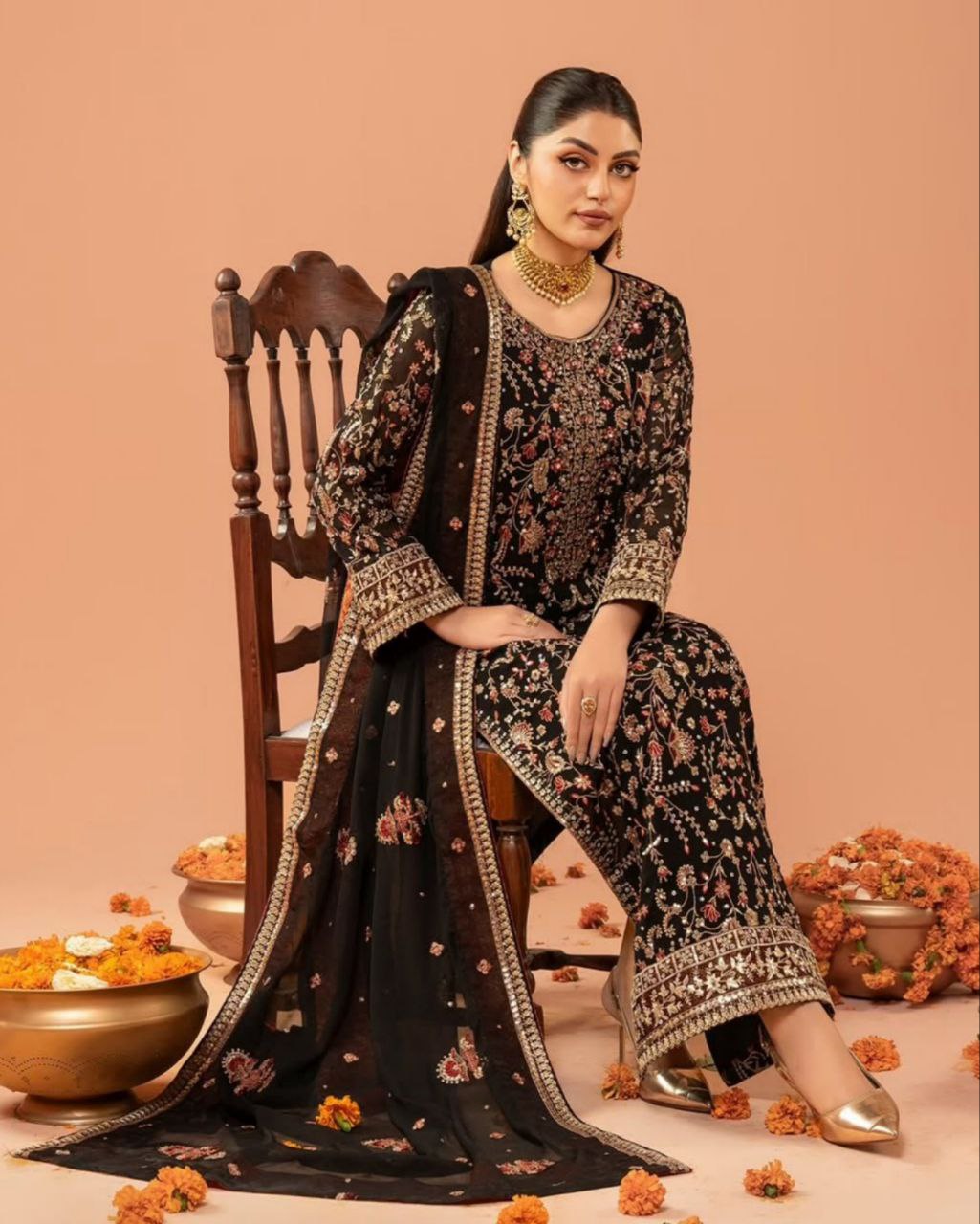 Exclusive Black Georgette Sequence Work Pant Suit With Dupatta