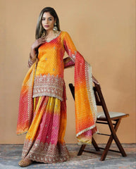 Yellow Orange Chinon Silk Sequence Work Sharara Suit With Dupatta