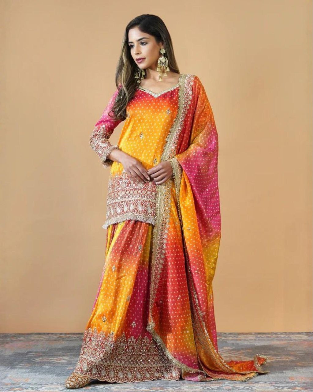 Yellow Orange Chinon Silk Sequence Work Sharara Suit With Dupatta
