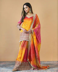 Yellow Orange Chinon Silk Sequence Work Sharara Suit With Dupatta