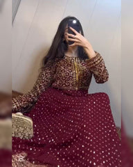 Maroon Soft Georgette Sequence Work Anarkali Gown With Dupatta