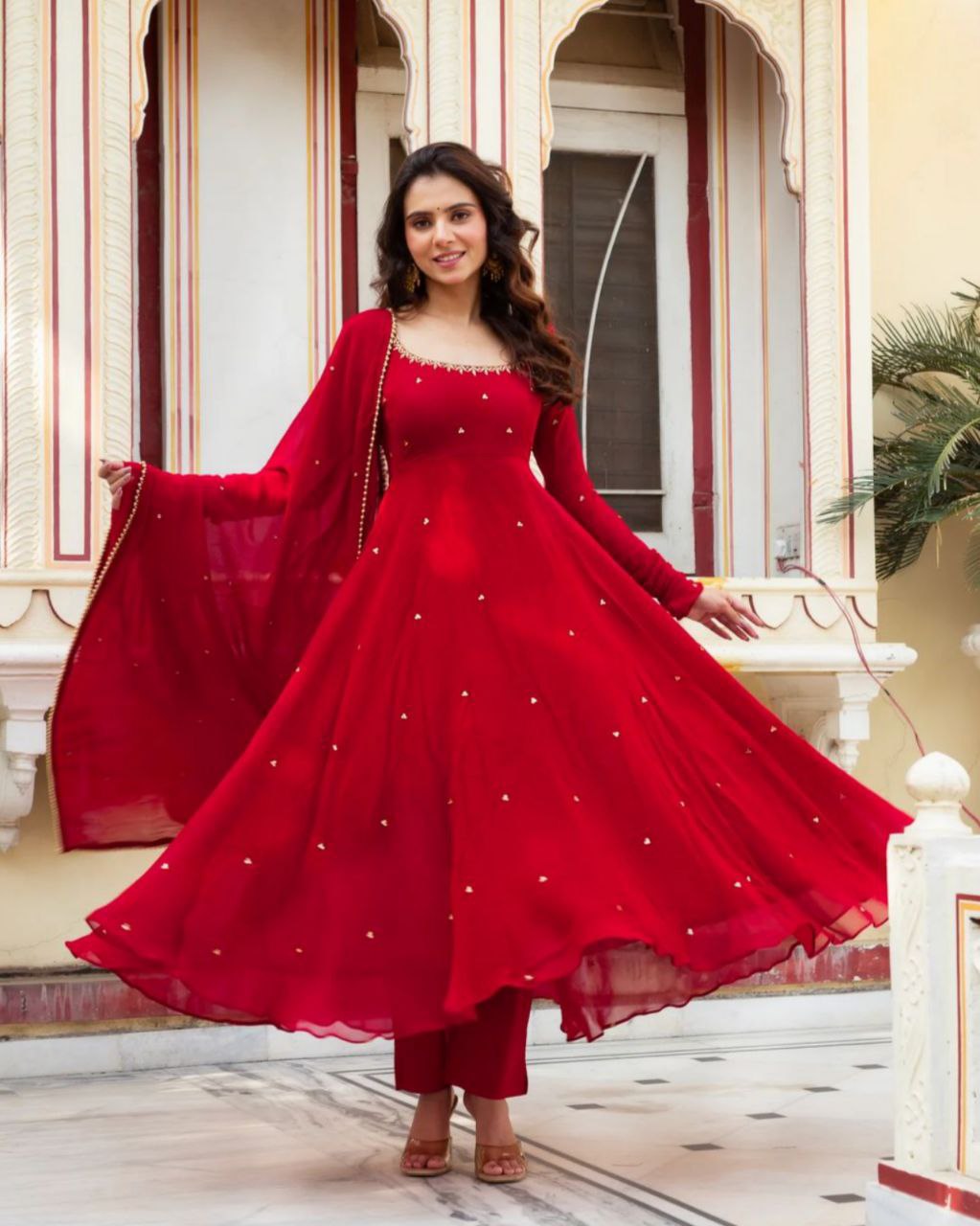 Hot Red Soft Georgette Sequence Work Anarkali Suit With Dupatta