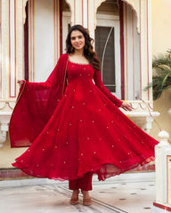 Hot Red Soft Georgette Sequence Work Anarkali Suit With Dupatta