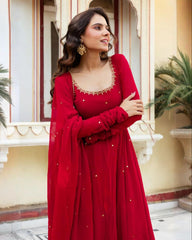 Hot Red Soft Georgette Sequence Work Anarkali Suit With Dupatta