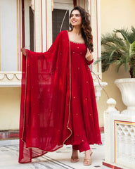 Hot Red Soft Georgette Sequence Work Anarkali Suit With Dupatta