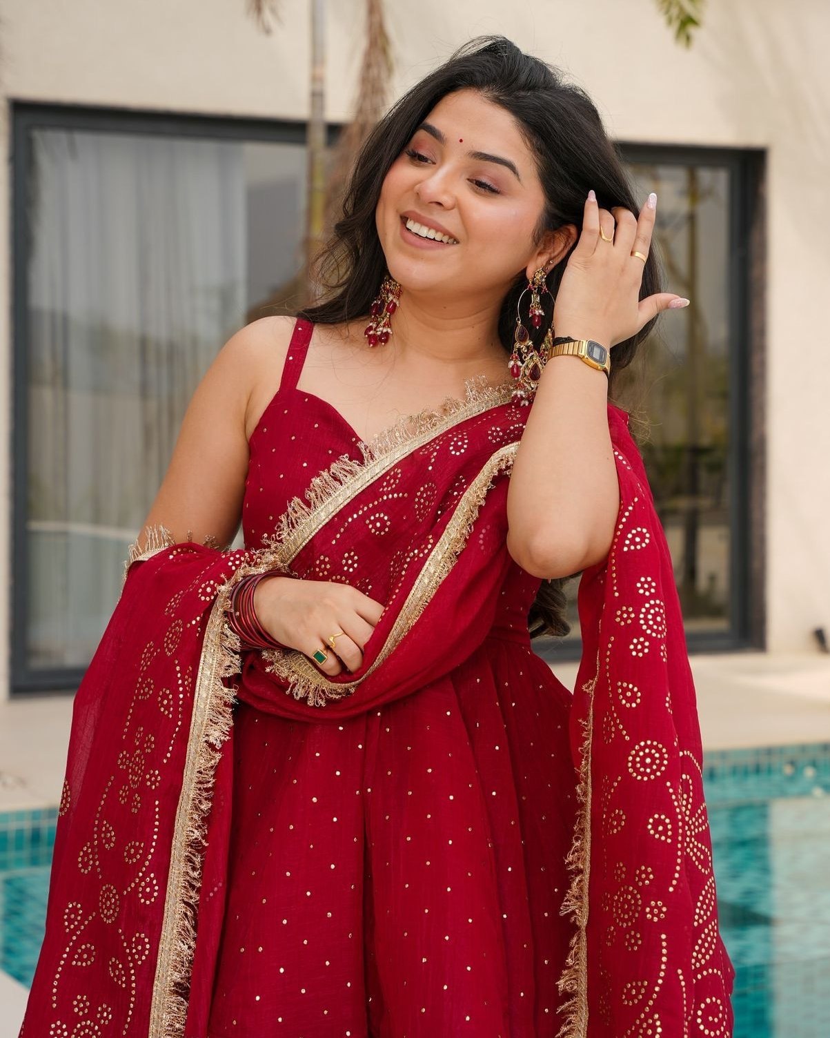 Exclusive Red & Beige Organza Embroidered Sharara Suit With Dupatta