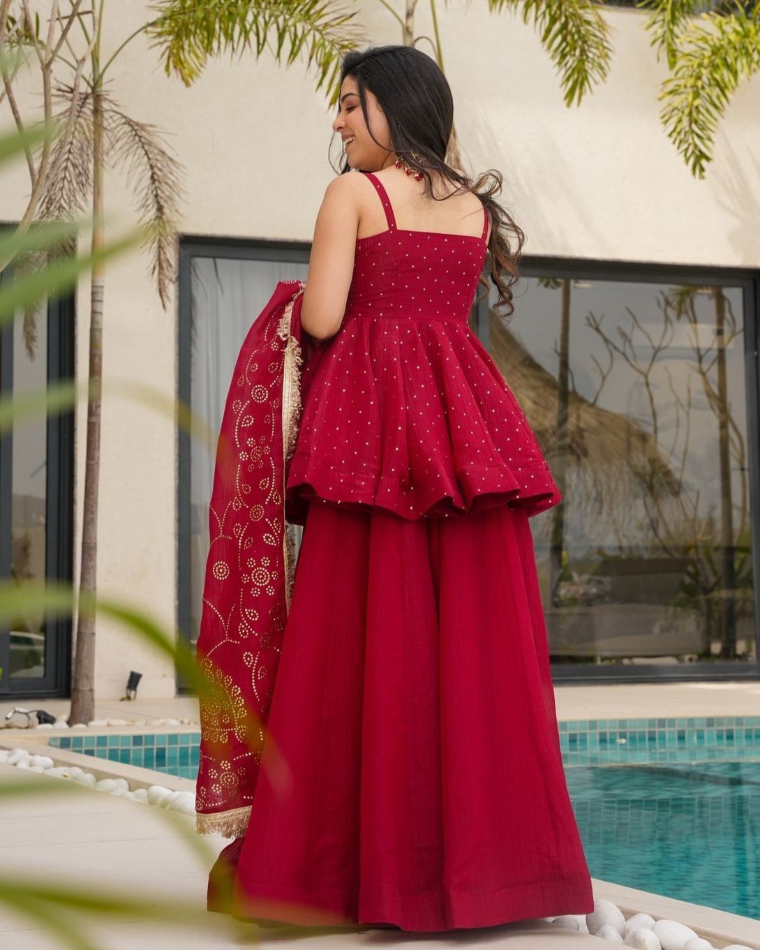 Exclusive Red & Beige Organza Embroidered Sharara Suit With Dupatta
