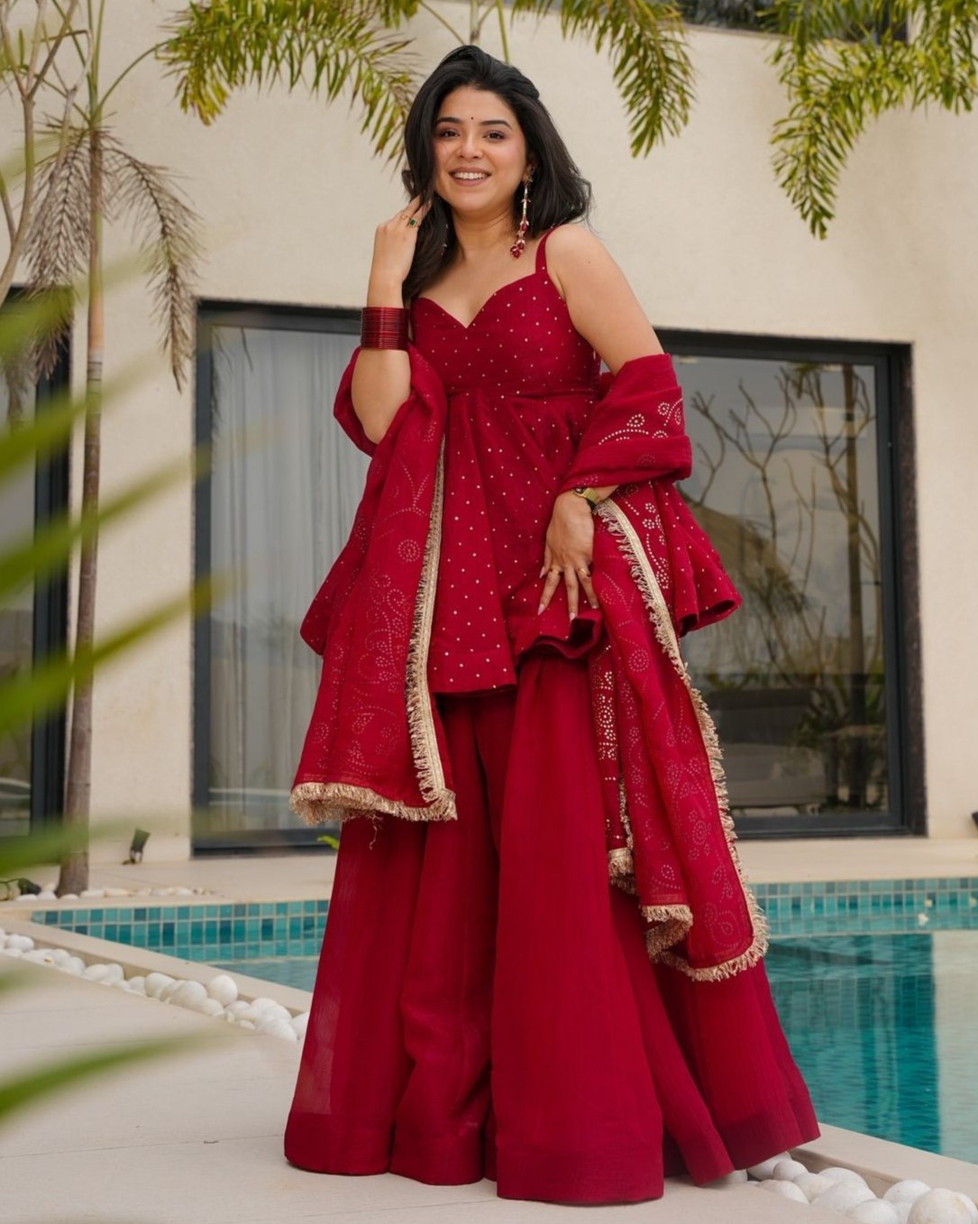 Exclusive Red & Beige Organza Embroidered Sharara Suit With Dupatta