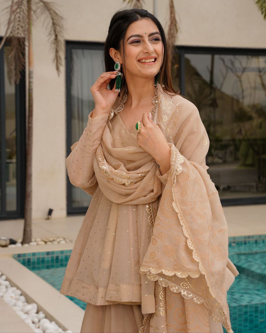 Exclusive Red & Beige Organza Embroidered Sharara Suit With Dupatta