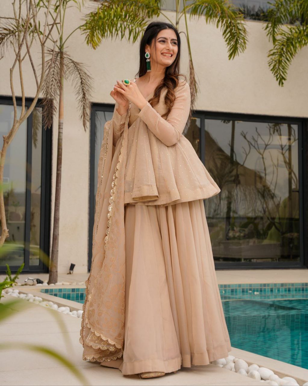 Exclusive Red & Beige Organza Embroidered Sharara Suit With Dupatta