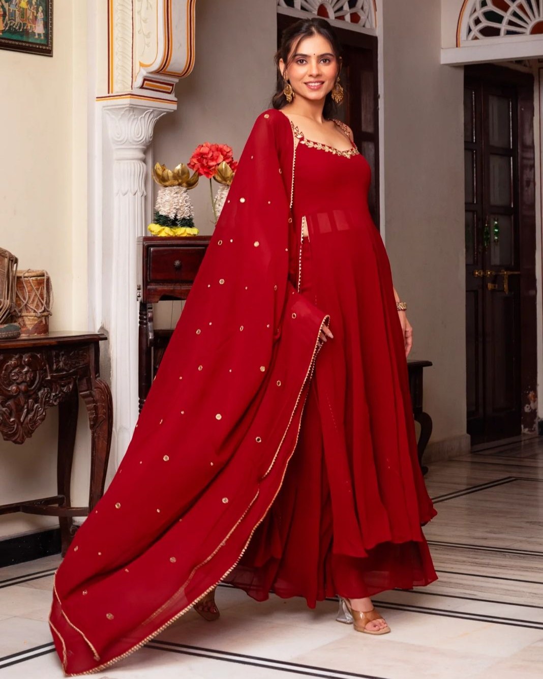Exclusive Red Georgette Embroidered Nayra-Cut Suit With Dupatta