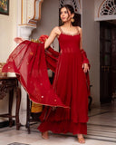 Exclusive Red Georgette Embroidered Nayra-Cut Suit With Dupatta