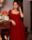 Exclusive Red Georgette Embroidered Nayra-Cut Suit With Dupatta