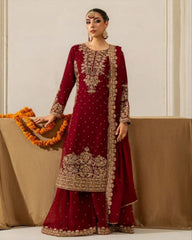 Designer Maroon Soft Georgette Embroidery Work Palazo Suit With Dupatta