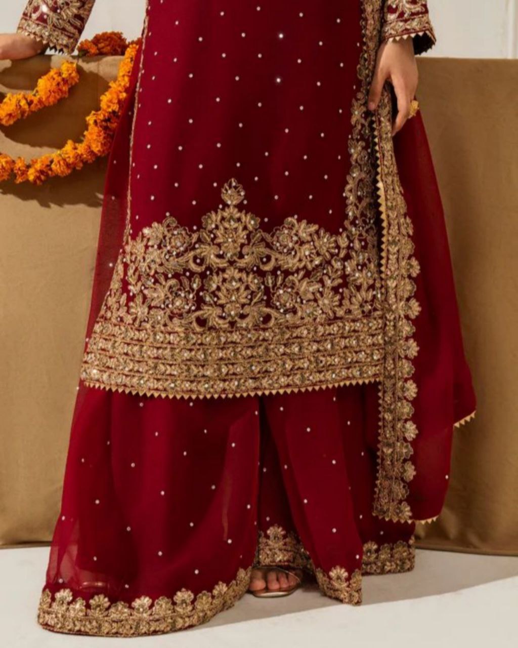 Designer Maroon Soft Georgette Embroidery Work Palazo Suit With Dupatta