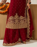 Designer Maroon Soft Georgette Embroidery Work Palazo Suit With Dupatta