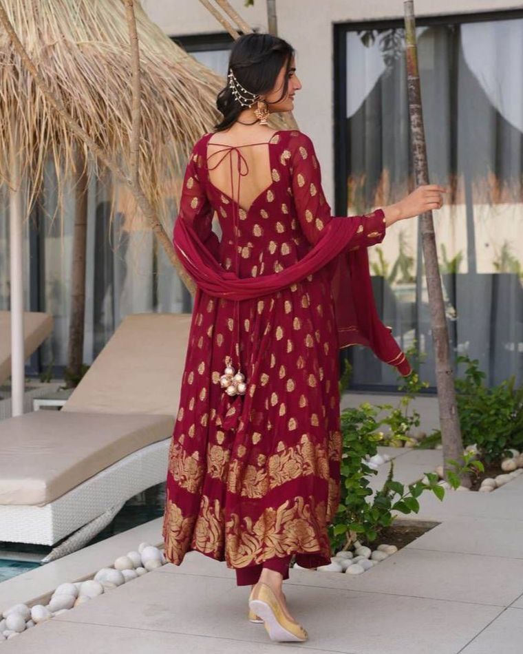 Ready To Wear Maroon Red Silk Embroidery Work Anarkali Suit With Dupatta