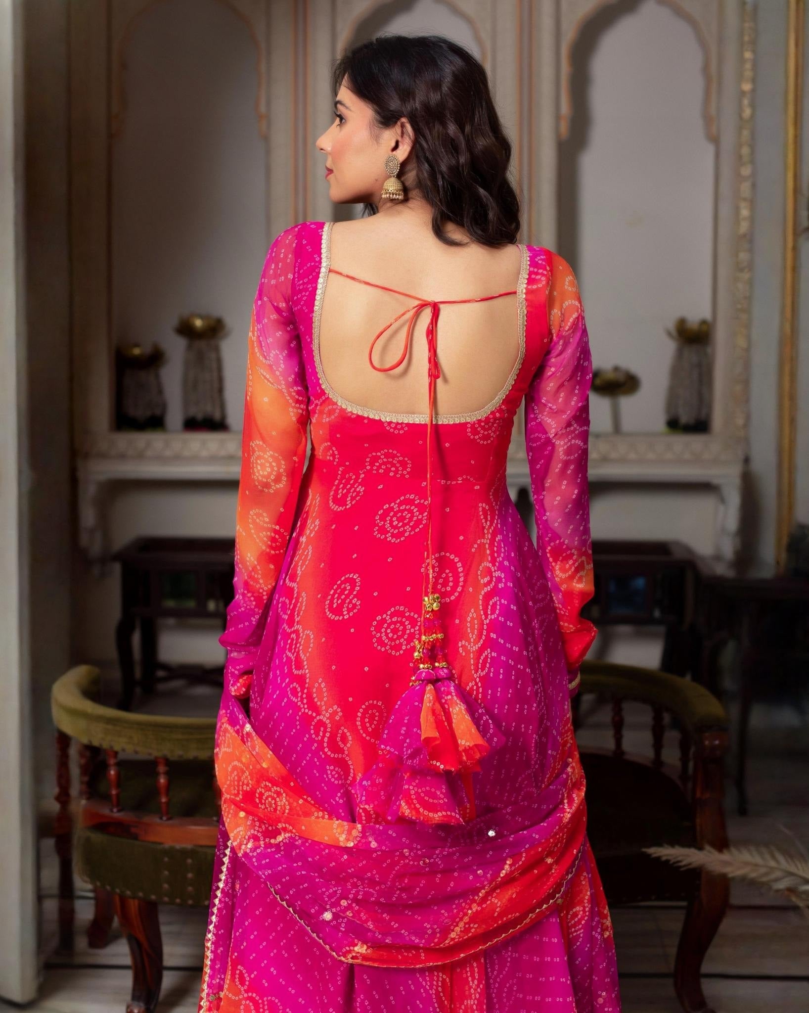 Exclusive Pink & Yellow Silk Printed Anarkali Suit With Dupatta