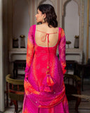 Exclusive Pink & Yellow Silk Printed Anarkali Suit With Dupatta