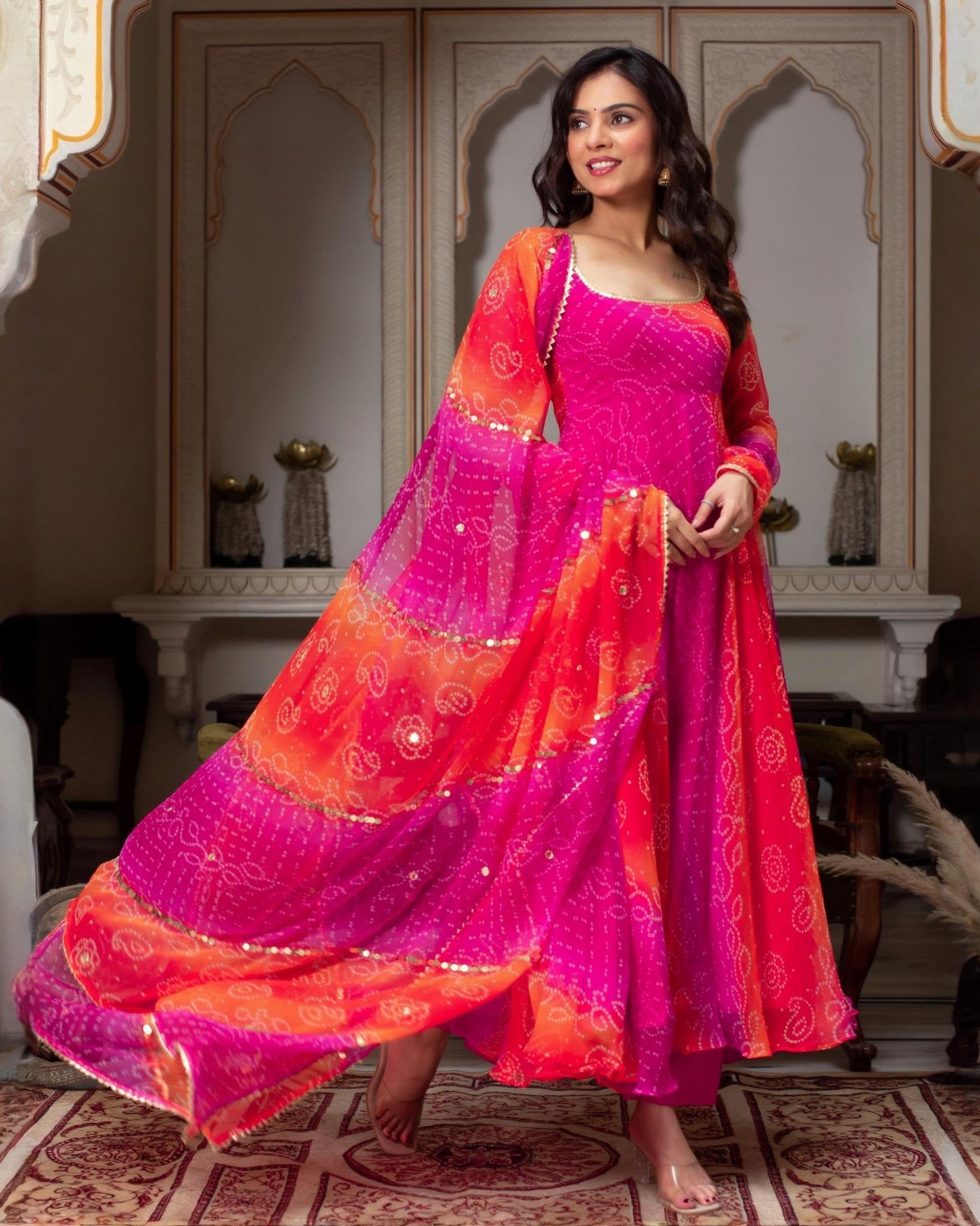 Exclusive Pink & Yellow Silk Printed Anarkali Suit With Dupatta