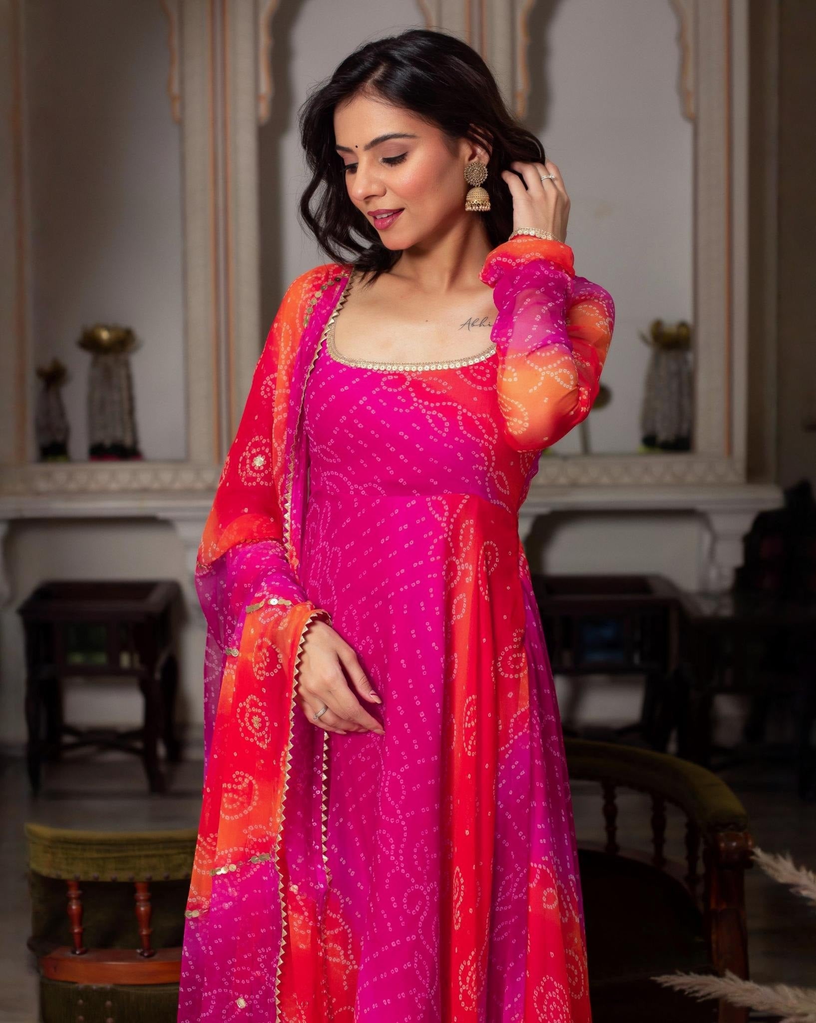 Exclusive Pink & Yellow Silk Printed Anarkali Suit With Dupatta