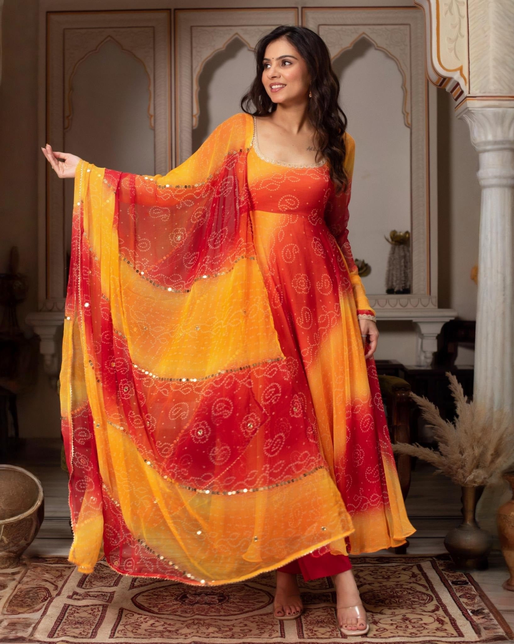 Exclusive Pink & Yellow Silk Printed Anarkali Suit With Dupatta