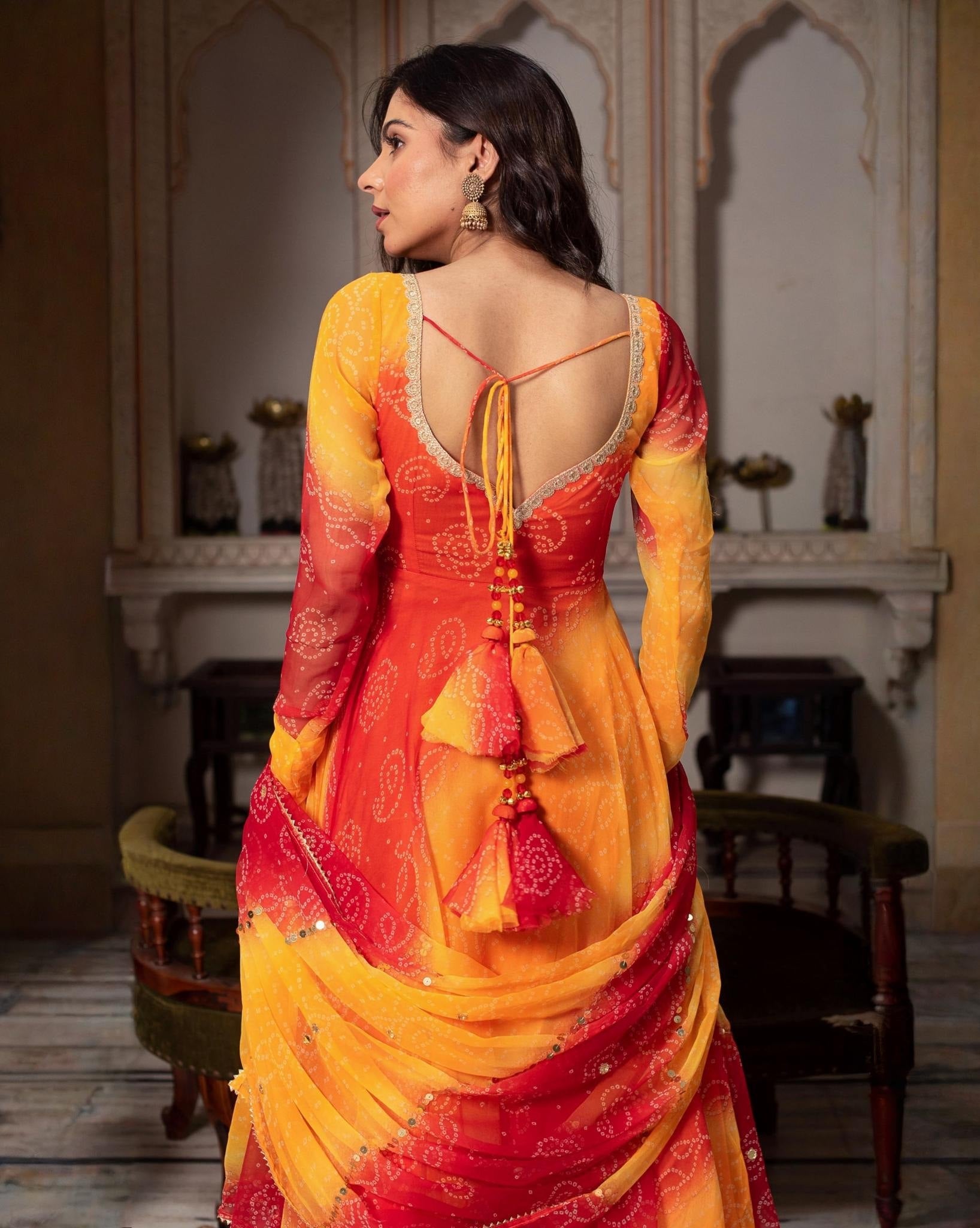 Exclusive Pink & Yellow Silk Printed Anarkali Suit With Dupatta