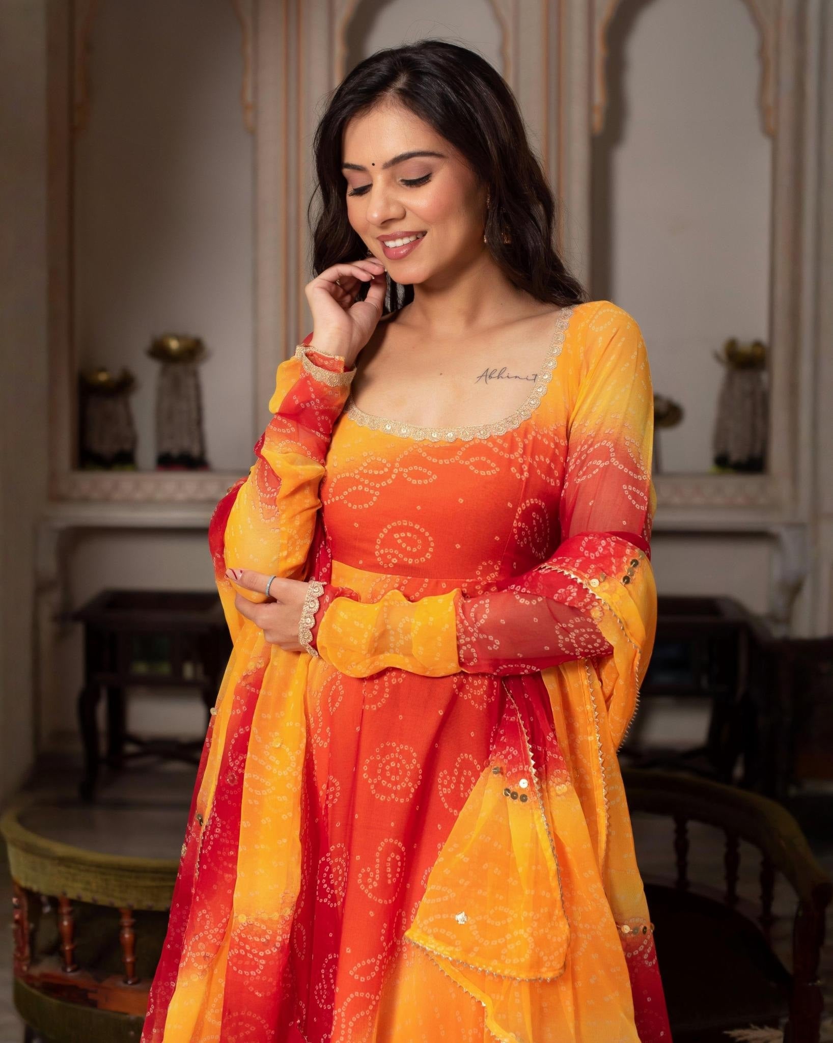 Exclusive Pink & Yellow Silk Printed Anarkali Suit With Dupatta