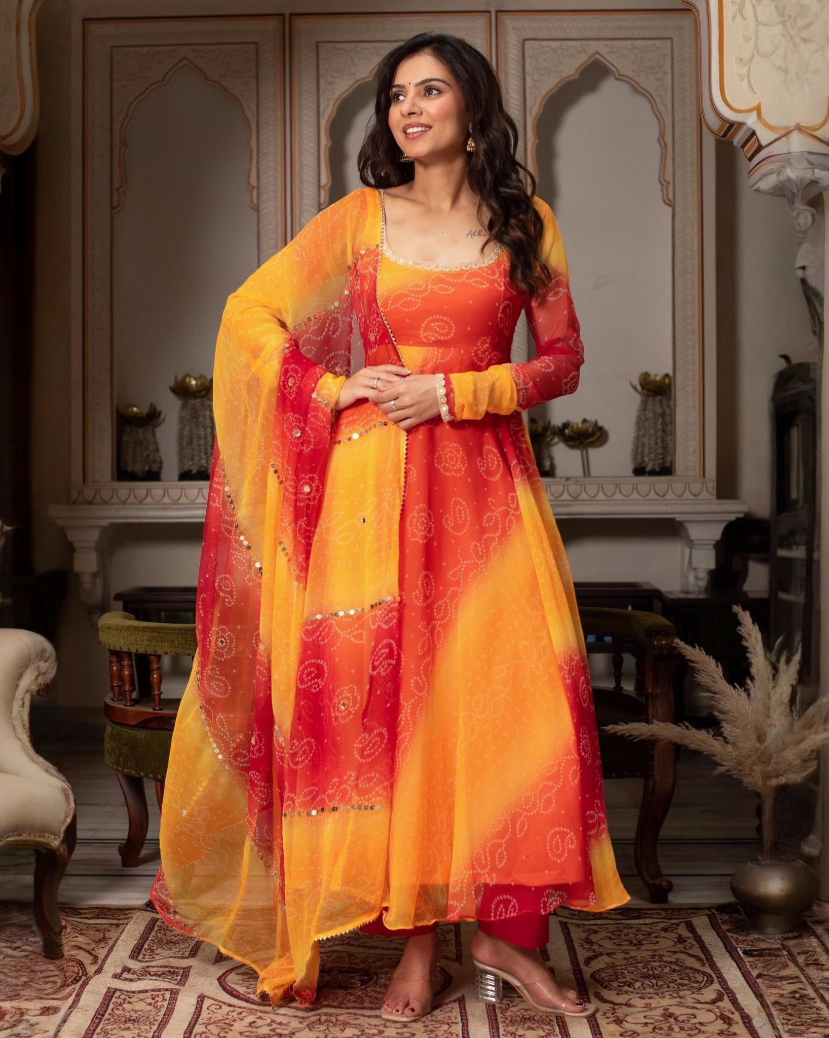 Exclusive Pink & Yellow Silk Printed Anarkali Suit With Dupatta