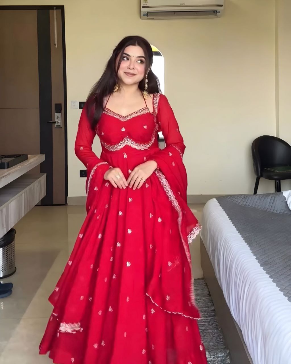 Ready To Wear Hot Red Soft Georgette Embroidery Work Anarkali Gown With Dupatta
