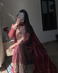 Ready To Wear Red Soft Georgette Sequence Work Pakistani Suit With Dupatta