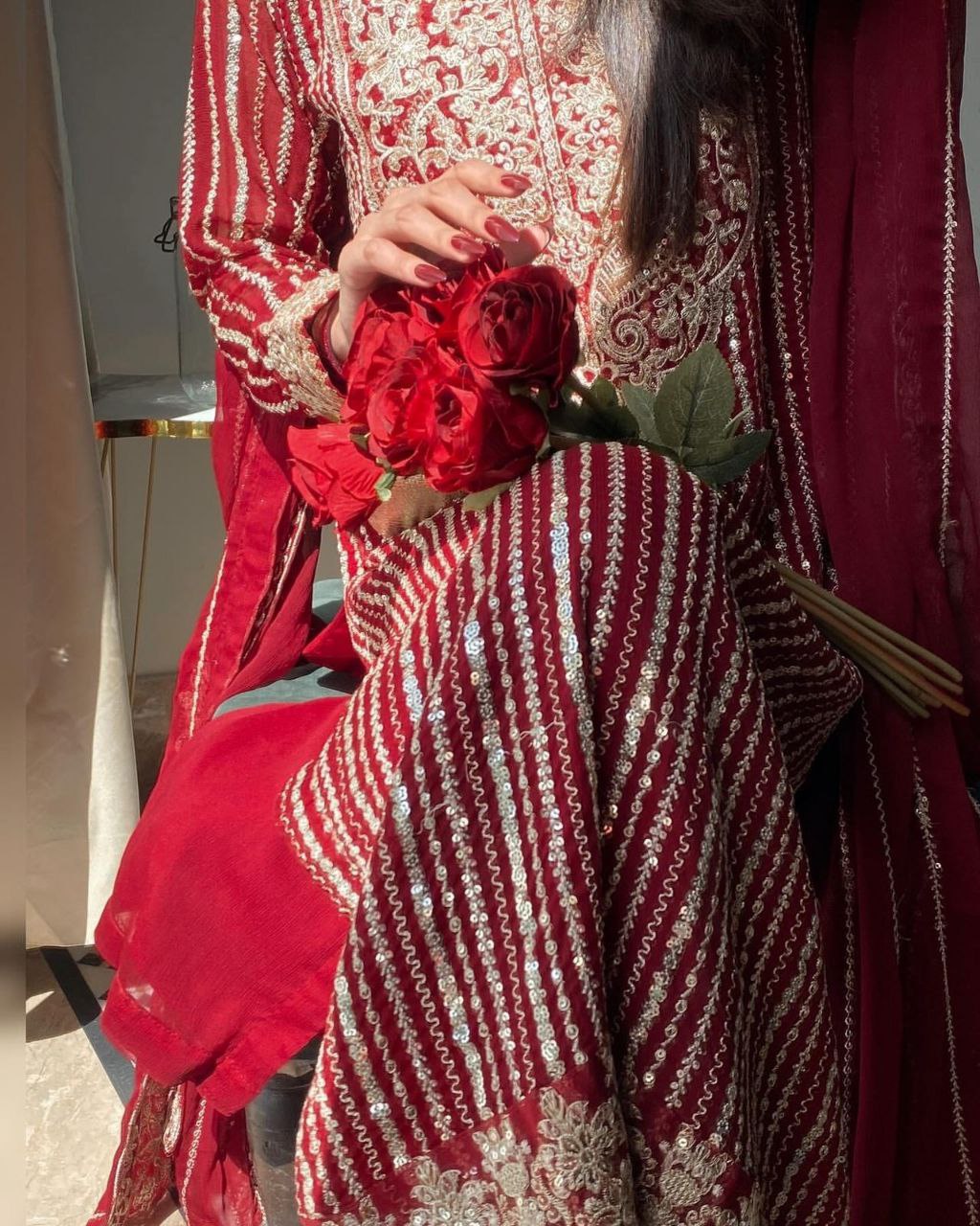 Ready To Wear Red Soft Georgette Sequence Work Pakistani Suit With Dupatta