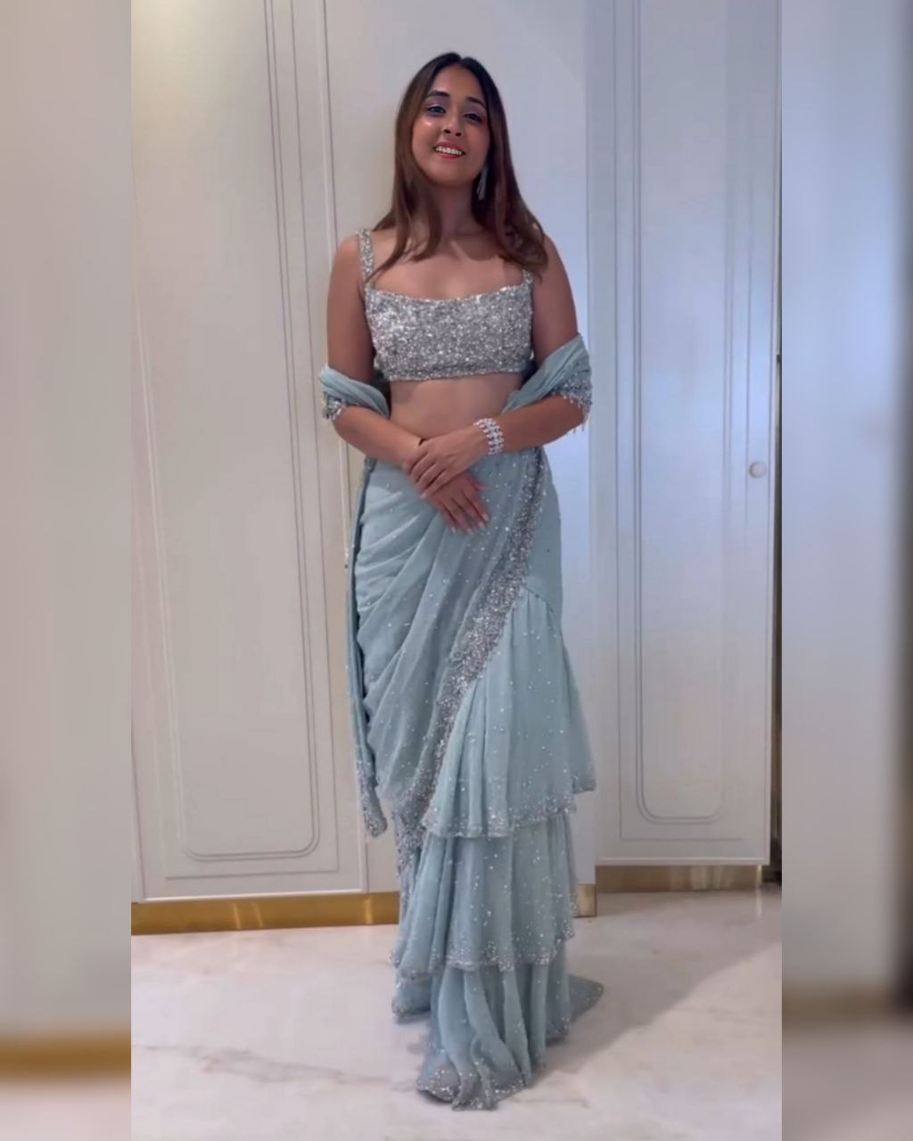 Pink & Blue Georgette Sequence Work Lehenga Saree With Blouse