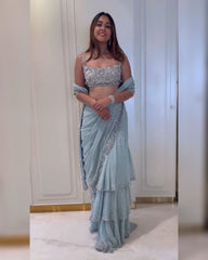 Pink & Blue Georgette Sequence Work Lehenga Saree With Blouse