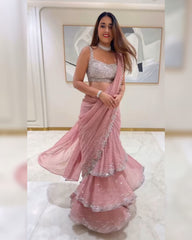 Pink & Blue Georgette Sequence Work Lehenga Saree With Blouse