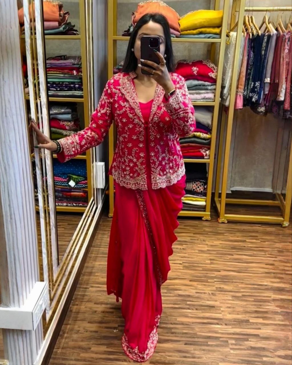 Hot Pink Soft Diamond Silk Embroidery Work Saree With Blouse And Koti
