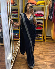 Neavy Blue Soft Georgette Embroidery Work Saree With Blouse