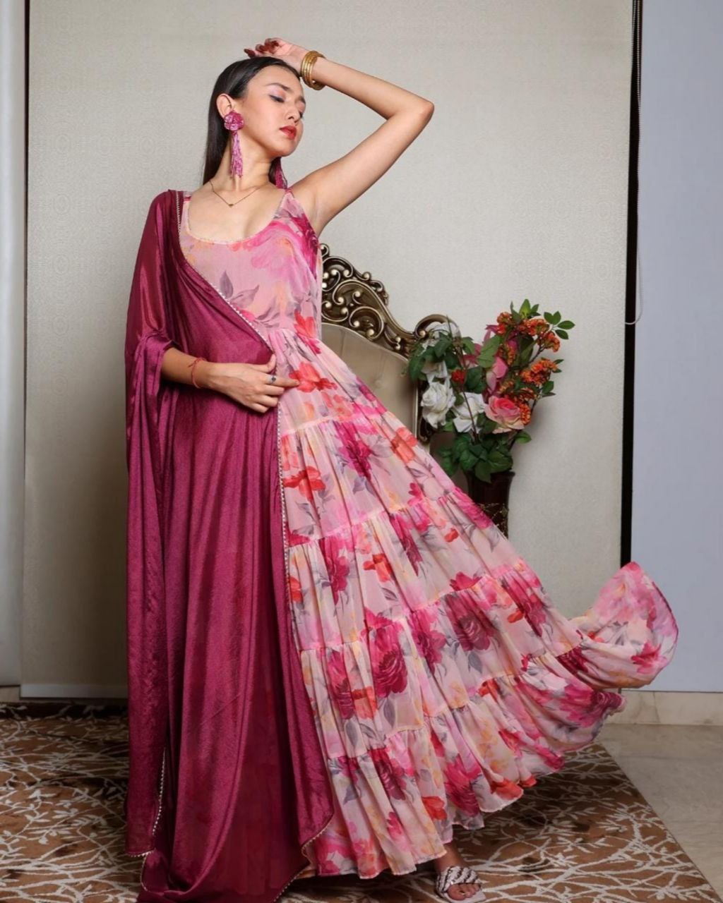 Pink Soft Georgette Floral Printed Anarkali Suit With Rani Dupatta