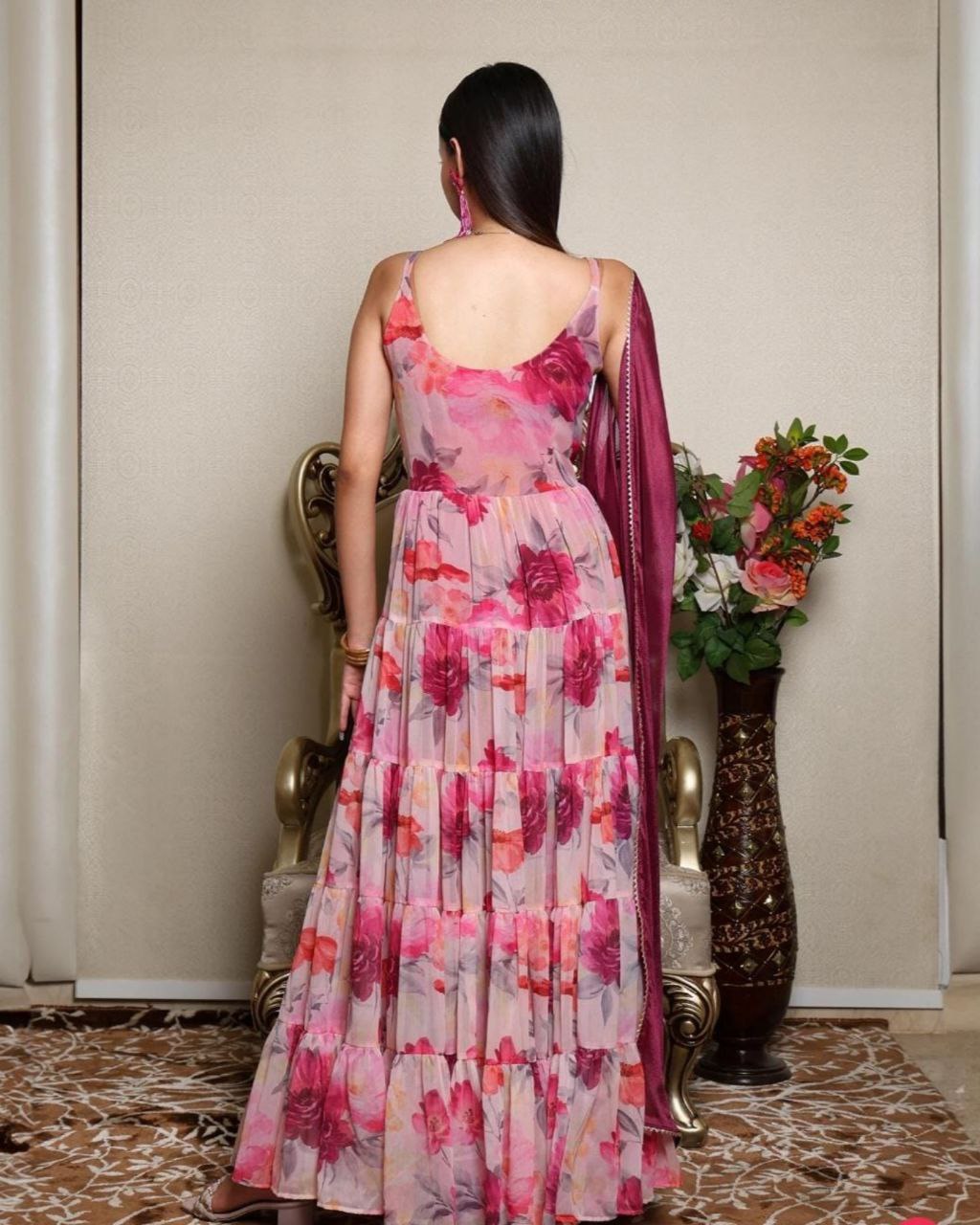 Pink Soft Georgette Floral Printed Anarkali Suit With Rani Dupatta