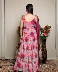 Pink Soft Georgette Floral Printed Anarkali Suit With Rani Dupatta