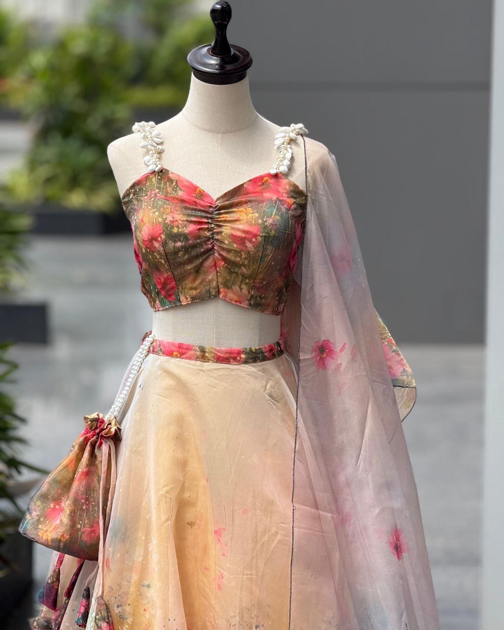 Ready To Wear Multi Organza Silk Moti Work Saree With Blouse