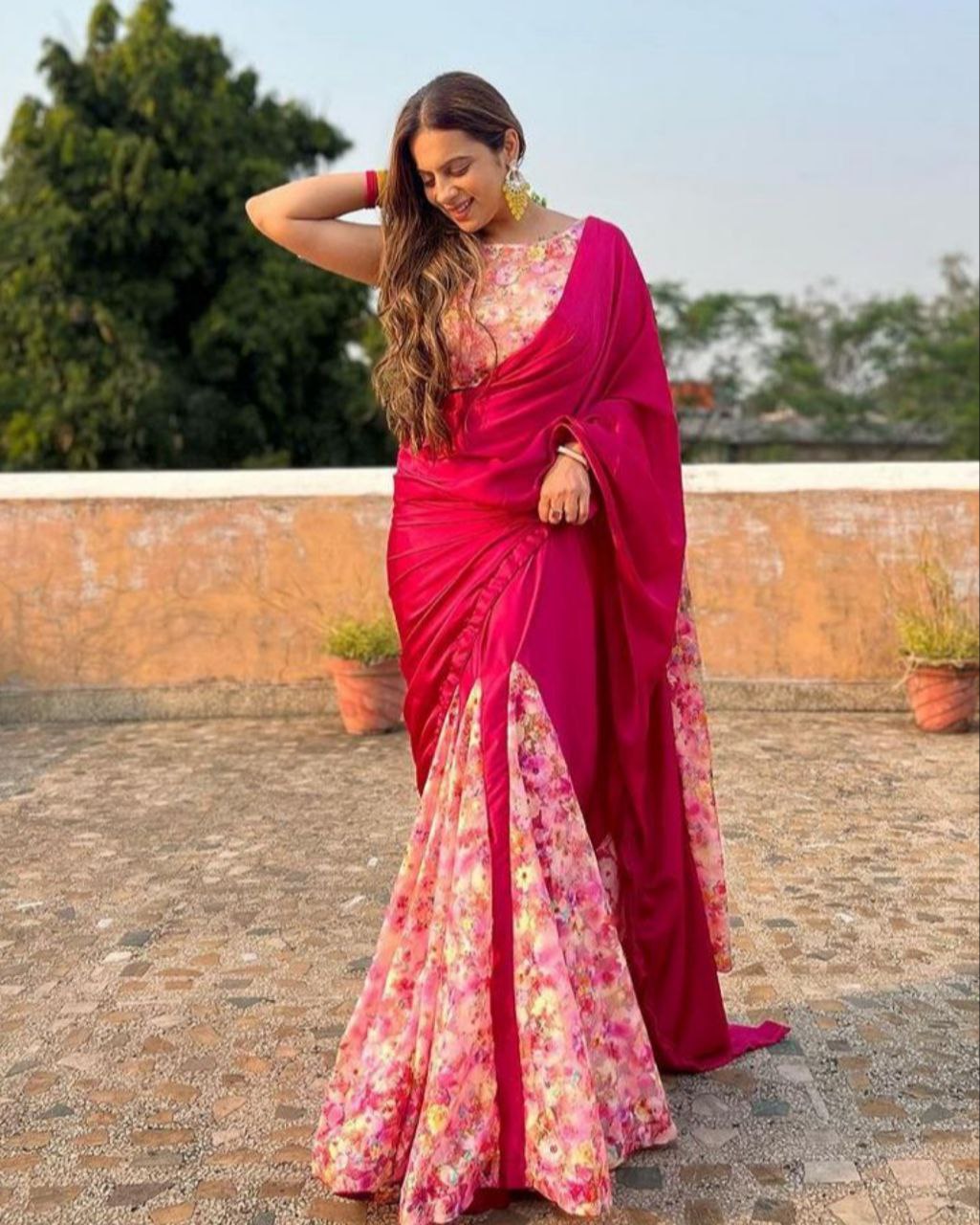 Pink Silk Digital Print Work Saree With Blouse