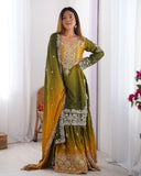 Premium Green & Yellow Chinon Silk Embroidery Work Gharara Suit With Dupatta